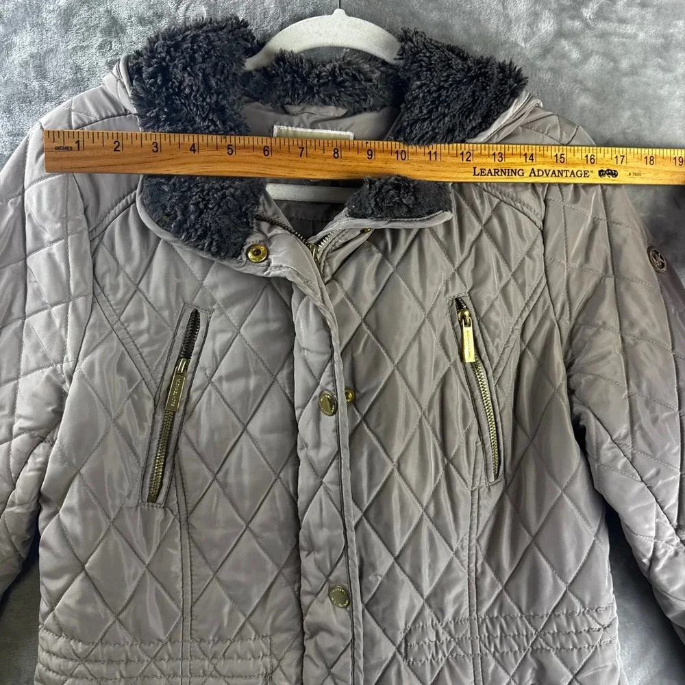 Michael Kors Quilted Parka Women Medium Taupe Faux Fur Hood Jacket (P)